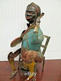 1890s Hand Painted Tin German Wind Up Black Banjo Player Toy Works All Original