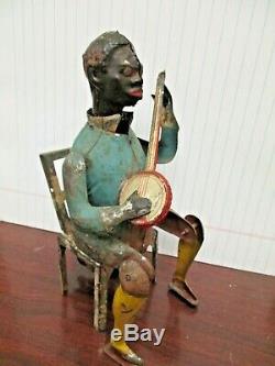 1890s Hand Painted Tin German Wind Up Black Banjo Player Toy Works All Original
