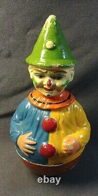 1900s Roly Poly Toy Clown Hand Painted Paper Mache USA Schoenhut Antique 6x12