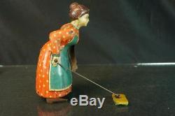 1920's Guntherman German Tin Wind Up Busy Lizzie Sweeping Lady Vintage Toy