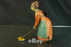 1920's Guntherman German Tin Wind Up Busy Lizzie Sweeping Lady Vintage Toy