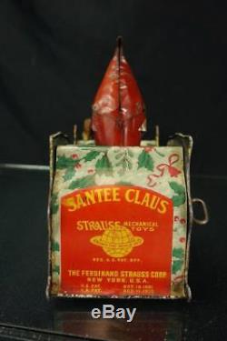 1920's Strauss Santee On Sleigh Tin Wind Up Christmas Holiday Toy Vintage Santa
