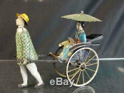 1927 Lehmann German Tin Wind Up Litho Masuyama Japanese Lady In Coolie Cart Toy