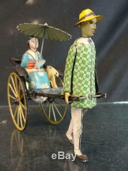 1927 Lehmann German Tin Wind Up Litho Masuyama Japanese Lady In Coolie Cart Toy