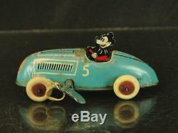1930's Linstrom Walt Disney Mickey Mouse Tin Wind Up #5 Race Car Vintage Toy