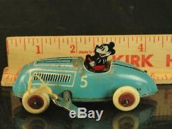 1930's Linstrom Walt Disney Mickey Mouse Tin Wind Up #5 Race Car Vintage Toy