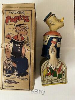 1930's POPEYE Tin Litho Wind-Up Walking Toy LOUIS MARX With Parrots Cages Boxed