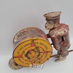1930s Great Vintage Louis Marx Parade Drummer Wind Up Litho Toy 9x8h