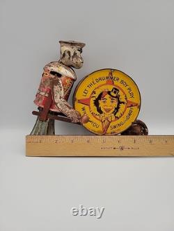 1930s Great Vintage Louis Marx Parade Drummer Wind Up Litho Toy 9x8h