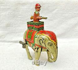 1930s Vintage Rare Windup Fighting Soldier On Jumbo Elephant Litho Tin Toy Japan
