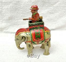 1930s Vintage Rare Windup Fighting Soldier On Jumbo Elephant Litho Tin Toy Japan