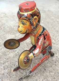 1940's VINTAGE WIND UP MT TM MONKEY PLAYING CYMBAL LITHO TIN TOY-WORKING, JAPAN