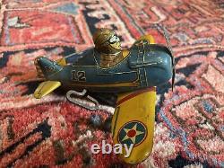 1940s 1950s MARX TIN WIND-UP 5 ROLL-OVER AIRPLANE TOY Blue Antique Working
