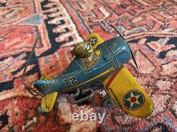 1940s 1950s MARX TIN WIND-UP 5 ROLL-OVER AIRPLANE TOY Blue Antique Working