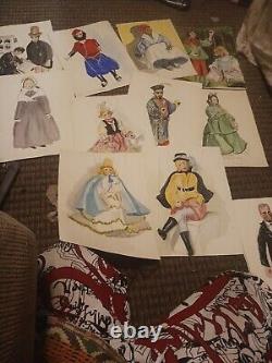 1940s Marionette Puppet Lot Of 44 Pieces With Original Illustrations Of Dolls NR