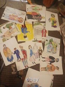 1940s Marionette Puppet Lot Of 44 Pieces With Original Illustrations Of Dolls NR