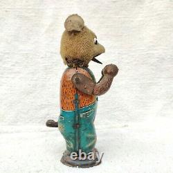 1940s Vintage Bear Dancing Eating Corn Clockwork Cloth Textured Tin Toy Japan