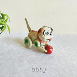 1940s Vintage Dog Playing With Ball Mechanical Pull Tail Tin Toy Decorative