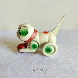 1940s Vintage Dog Playing With Ball Mechanical Pull Tail Tin Toy Decorative