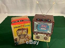 1950's HAJI Japan Tin Windup Color TV Television Toy Bank with Original Box