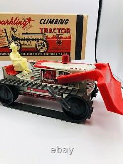 1950's Marx Sparkling Climbing Tractor Box Blade Cart Farmer Tin Litho Wind Up