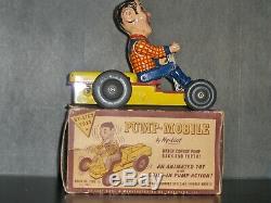 1950's US Made Nylint Howdy Doody Pumpmobile Tin Wind Up Go Kart Toy With Orig Box