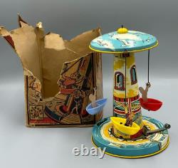 1950s Unique Art SAIL AWAY MUSICAL Tin Wind Up Toy Carousel BOAT Vintage NO Work