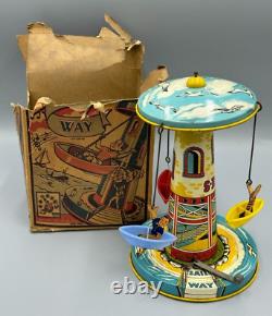 1950s Unique Art SAIL AWAY MUSICAL Tin Wind Up Toy Carousel BOAT Vintage NO Work