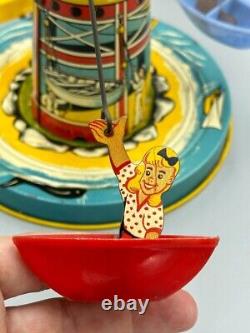 1950s Unique Art SAIL AWAY MUSICAL Tin Wind Up Toy Carousel BOAT Vintage NO Work