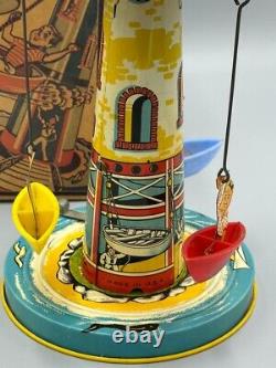 1950s Unique Art SAIL AWAY MUSICAL Tin Wind Up Toy Carousel BOAT Vintage NO Work