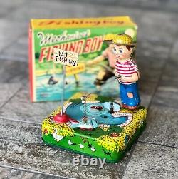 1950s Vintage Rare Mechanical Fishing Boy Linemar Wind-Up Toy with Box