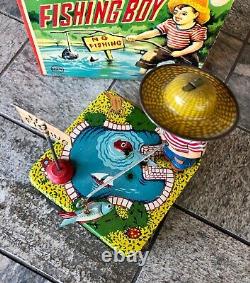 1950s Vintage Rare Mechanical Fishing Boy Linemar Wind-Up Toy with Box