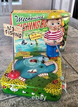 1950s Vintage Rare Mechanical Fishing Boy Linemar Wind-Up Toy with Box