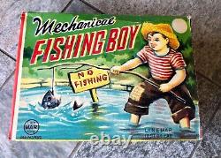 1950s Vintage Rare Mechanical Fishing Boy Linemar Wind-Up Toy with Box