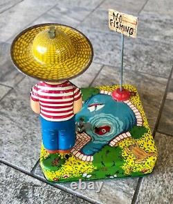 1950s Vintage Rare Mechanical Fishing Boy Linemar Wind-Up Toy with Box