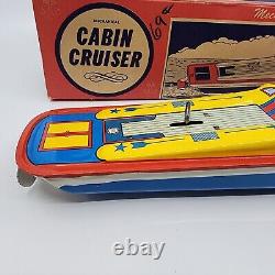 1960`s Ohio Art Tin Mechanical Wind-up Cabin Cruiser Boat With Box 13 Long