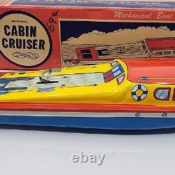 1960`s Ohio Art Tin Mechanical Wind-up Cabin Cruiser Boat With Box 13 Long
