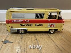 1960's Vintage Rosko Tin Friction Armored Car Savings Bank With Box + Key JAPAN