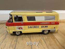 1960's Vintage Rosko Tin Friction Armored Car Savings Bank With Box + Key JAPAN