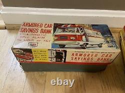 1960's Vintage Rosko Tin Friction Armored Car Savings Bank With Box + Key JAPAN