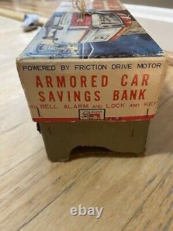 1960's Vintage Rosko Tin Friction Armored Car Savings Bank With Box + Key JAPAN