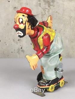 50s TPS Clown on Roller Skate Vintage Tin Wind up Toy Japan Boxed