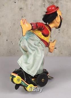 50s TPS Clown on Roller Skate Vintage Tin Wind up Toy Japan Boxed
