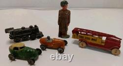 5 VTG Metal Toys 2 Cars, 1 Red/Yellow Truck, 1 Train, 1 Soldier SEE PICS+DESCRIPT