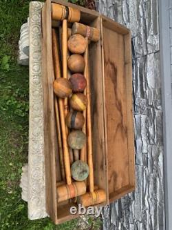 8 Player Antique Victorian Wooden Croquet Set W Wickets & Orig Storage Crate