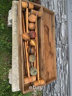 8 Player Antique Victorian Wooden Croquet Set W Wickets & Orig Storage Crate