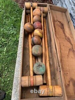 8 Player Antique Victorian Wooden Croquet Set W Wickets & Orig Storage Crate