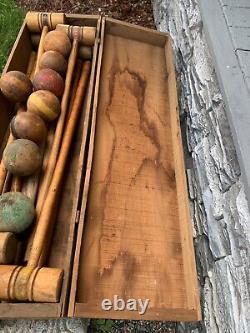 8 Player Antique Victorian Wooden Croquet Set W Wickets & Orig Storage Crate