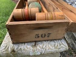 8 Player Antique Victorian Wooden Croquet Set W Wickets & Orig Storage Crate