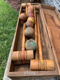 8 Player Antique Victorian Wooden Croquet Set W Wickets & Orig Storage Crate
